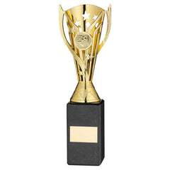 GOLD PLASTIC 'FLASH' CUP ON BLACK MARBLE ASSEMBLED TROPHY (1" CEN) - 10in - Optimum Teamwear