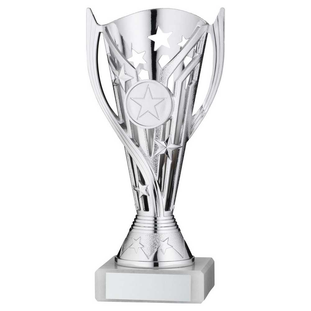 SILVER/BLUE PLASTIC 'FLASH' CUP ASSEMBLED ON MARBLE (1in CEN) - 7in - Optimum Teamwear