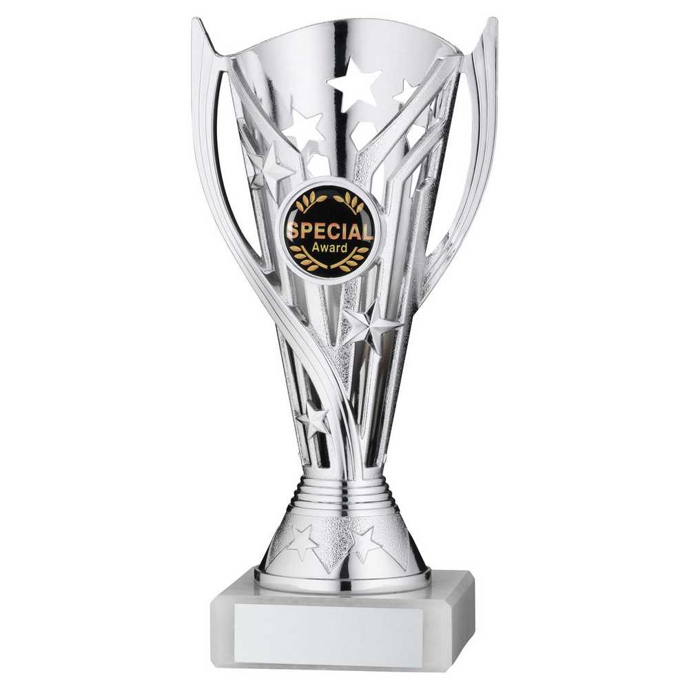 SILVER/BLUE PLASTIC 'FLASH' CUP ASSEMBLED ON MARBLE (1in CEN) - 7in - Optimum Teamwear