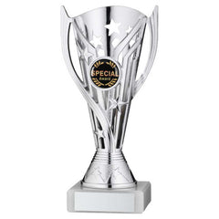 SILVER/BLUE PLASTIC 'FLASH' CUP ASSEMBLED ON MARBLE (1in CEN) - 7in