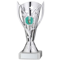 SILVER/BLUE PLASTIC 'FLASH' CUP ASSEMBLED ON MARBLE (1in CEN) - 7in