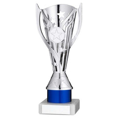 SILVER/BLUE PLASTIC 'FLASH' CUP ASSEMBLED ON MARBLE (1in CEN) - 8in