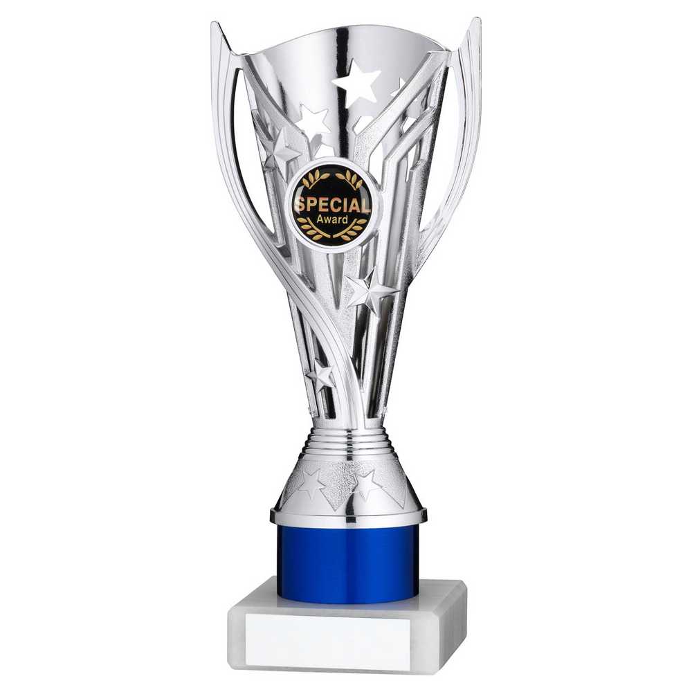 SILVER/BLUE PLASTIC 'FLASH' CUP ASSEMBLED ON MARBLE (1in CEN) - 8in - Optimum Teamwear