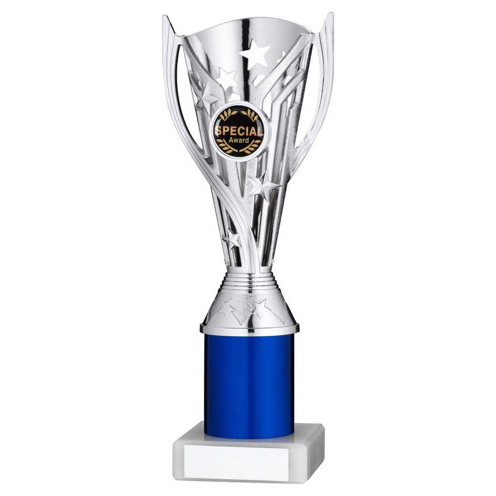 SILVER/BLUE PLASTIC 'FLASH' CUP ASSEMBLED ON MARBLE (1in CEN) - 9in - Optimum Teamwear