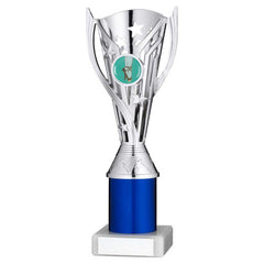 SILVER/BLUE PLASTIC 'FLASH' CUP ASSEMBLED ON MARBLE (1in CEN) - 9in