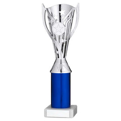 SILVER/BLUE PLASTIC 'FLASH' CUP ASSEMBLED ON MARBLE (1in CEN) - 10in