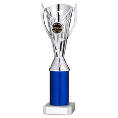 SILVER/BLUE PLASTIC 'FLASH' CUP ASSEMBLED ON MARBLE (1in CEN) - 10in