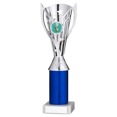 SILVER/BLUE PLASTIC 'FLASH' CUP ASSEMBLED ON MARBLE (1in CEN) - 10in