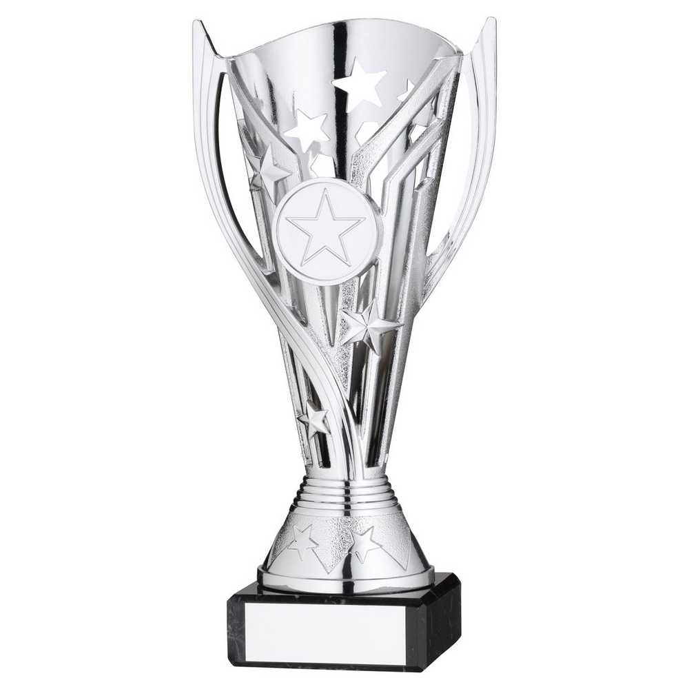 SILVER PLASTIC 'FLASH' CUP ON BLACK MARBLE ASSEMBLED TROPHY (1" CEN) - 6.75in - Optimum Teamwear