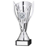 SILVER PLASTIC 'FLASH' CUP ON BLACK MARBLE ASSEMBLED TROPHY (1" CEN) - 6.75in - Optimum Teamwear