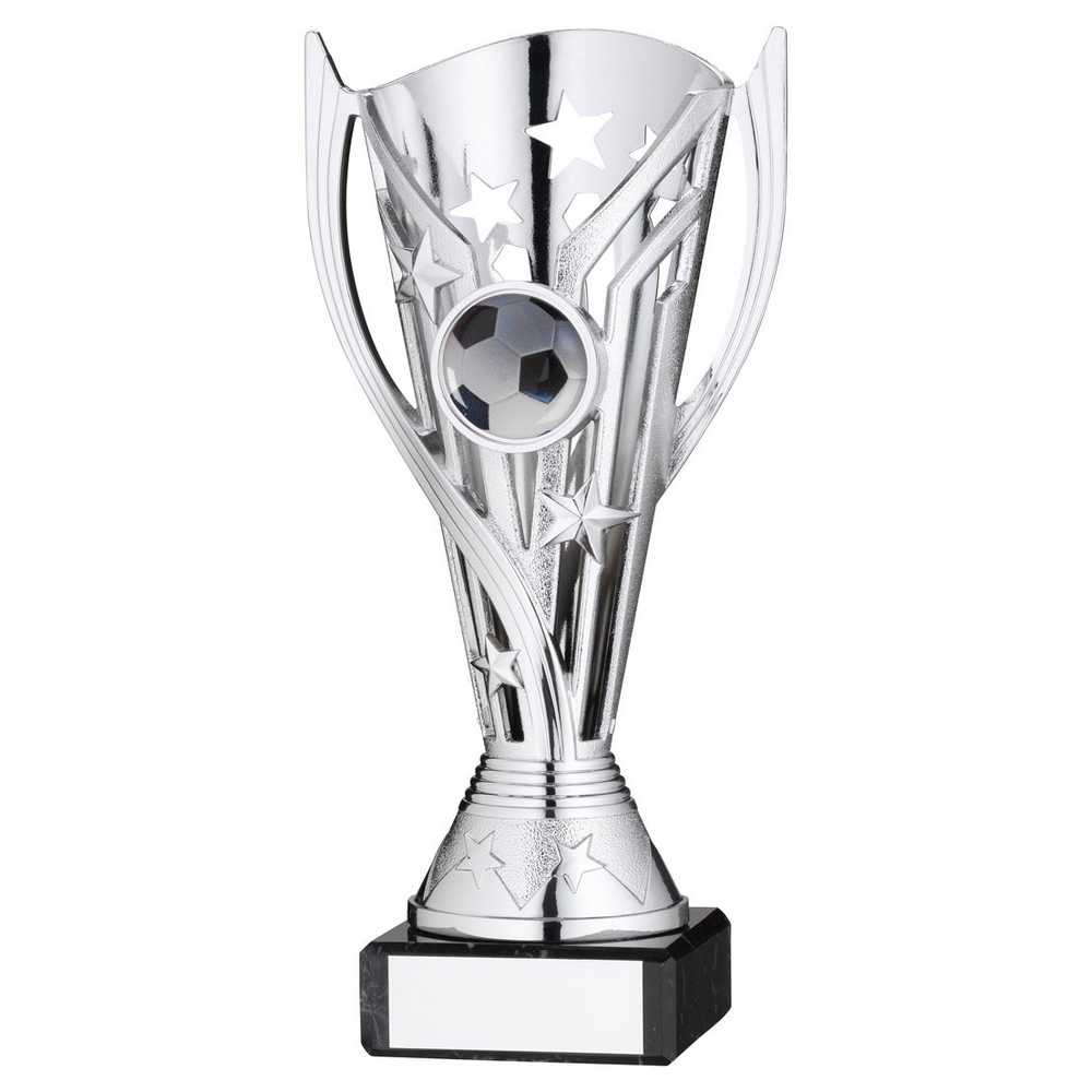 SILVER PLASTIC 'FLASH' CUP ON BLACK MARBLE ASSEMBLED TROPHY (1" CEN) - 6.75in - Optimum Teamwear