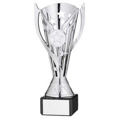 SILVER PLASTIC 'FLASH' CUP ON BLACK MARBLE ASSEMBLED TROPHY (1" CEN) - 7.25in