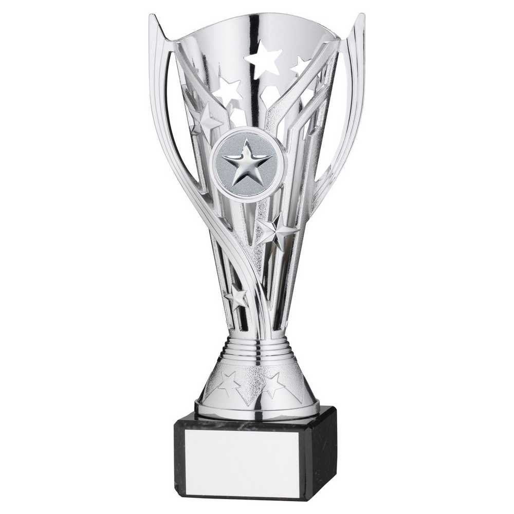 SILVER PLASTIC 'FLASH' CUP ON BLACK MARBLE ASSEMBLED TROPHY (1" CEN) - 7.25in - Optimum Teamwear