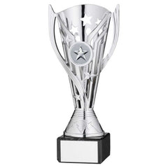 SILVER PLASTIC 'FLASH' CUP ON BLACK MARBLE ASSEMBLED TROPHY (1" CEN) - 7.25in