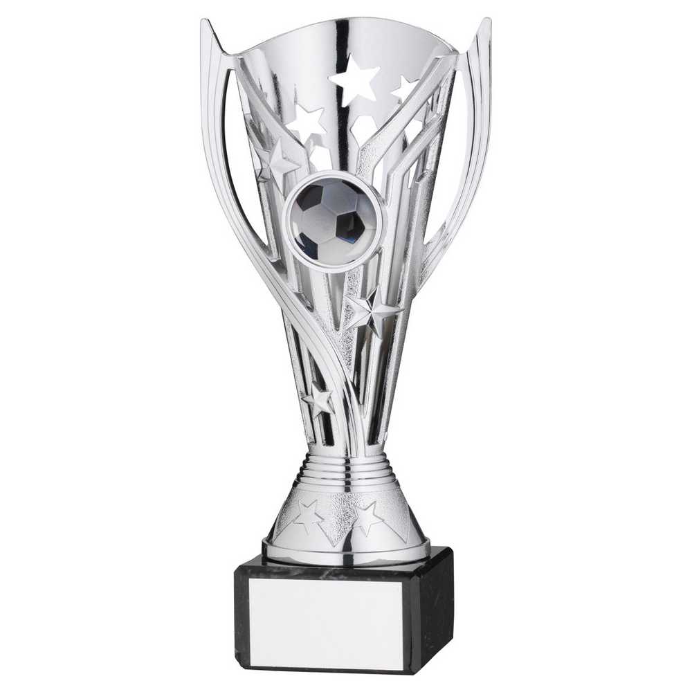 SILVER PLASTIC 'FLASH' CUP ON BLACK MARBLE ASSEMBLED TROPHY (1" CEN) - 7.25in - Optimum Teamwear