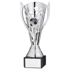 SILVER PLASTIC 'FLASH' CUP ON BLACK MARBLE ASSEMBLED TROPHY (1" CEN) - 7.25in