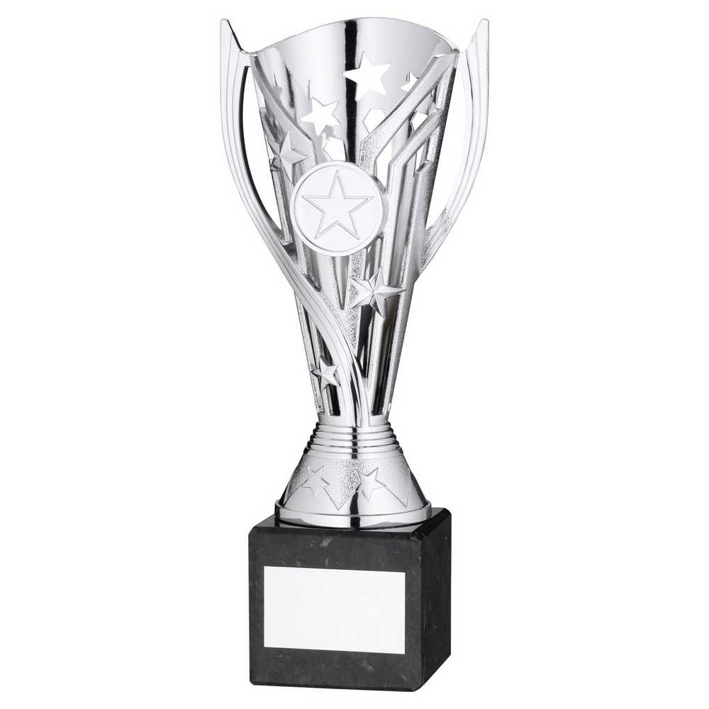 SILVER PLASTIC 'FLASH' CUP ON BLACK MARBLE ASSEMBLED TROPHY (1" CEN) - 8in - Optimum Teamwear