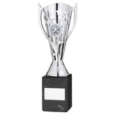 SILVER PLASTIC 'FLASH' CUP ON BLACK MARBLE ASSEMBLED TROPHY (1" CEN) - 9in - Optimum Teamwear