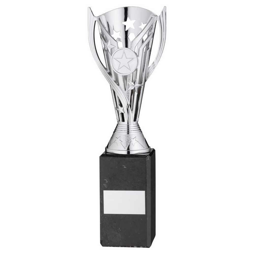 SILVER PLASTIC 'FLASH' CUP ON BLACK MARBLE ASSEMBLED TROPHY (1" CEN) - 10in - Optimum Teamwear