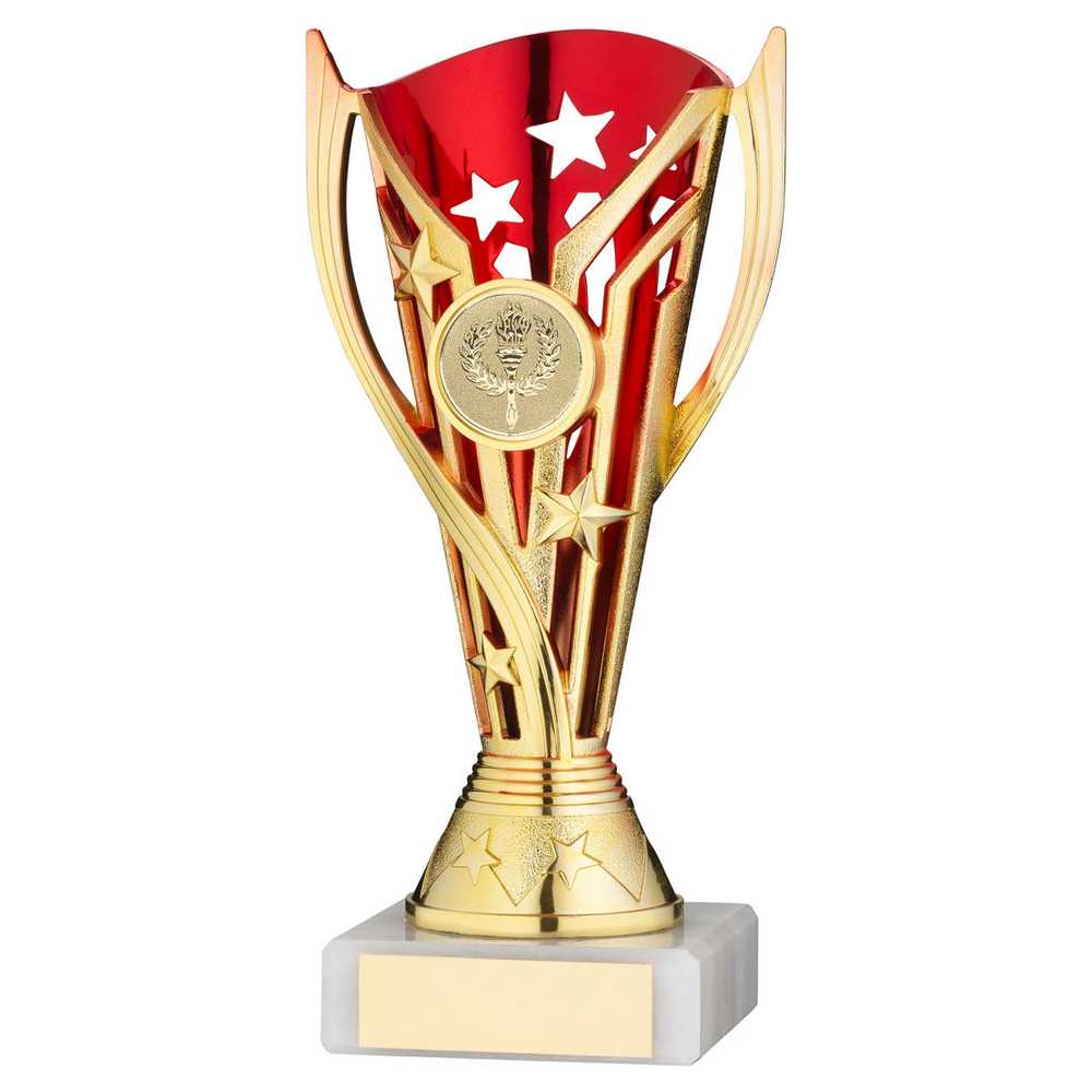 GOLD/RED PLASTIC 'FLASH' CUP ASSEMBLED ON MARBLE (1in CEN) - 7in - Optimum Teamwear