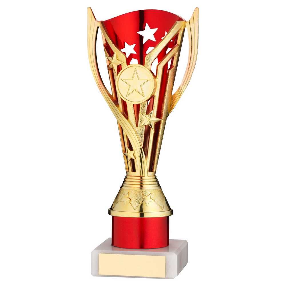 GOLD/RED PLASTIC 'FLASH' CUP ASSEMBLED ON MARBLE (1in CEN) - 8in - Optimum Teamwear