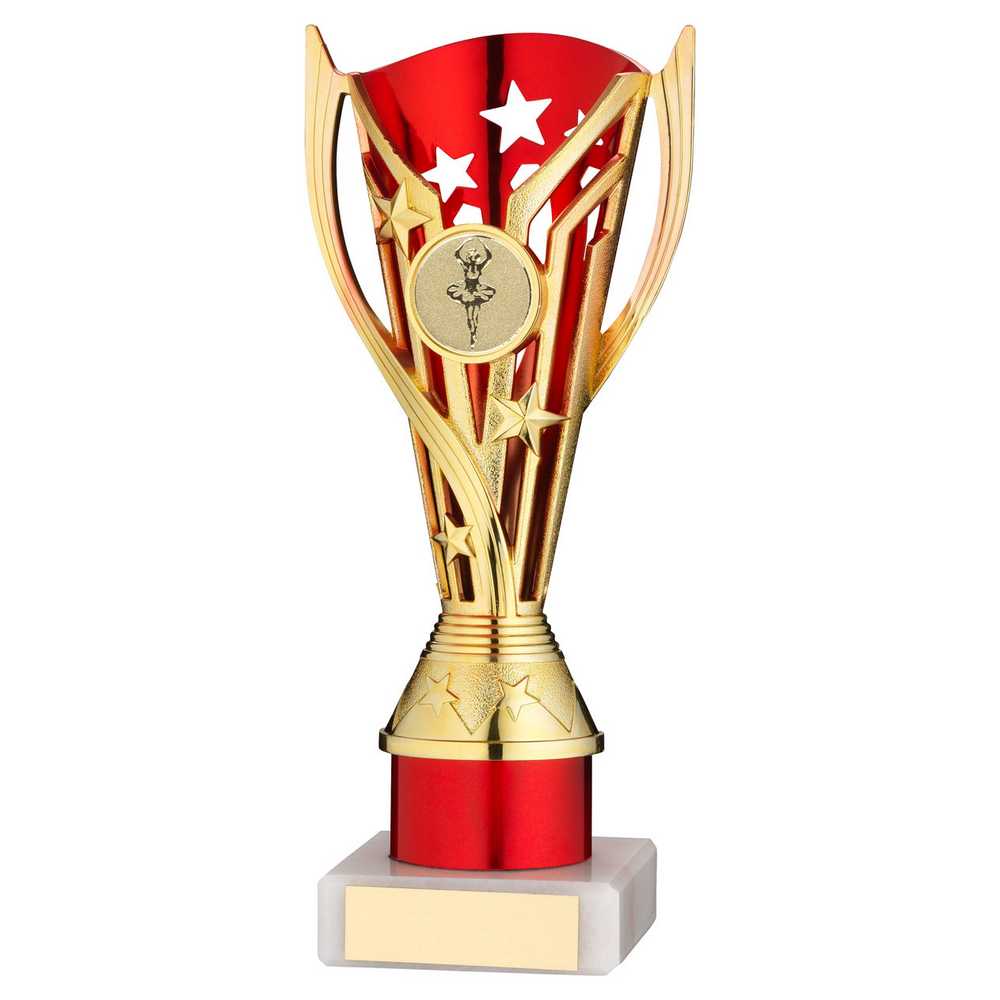 GOLD/RED PLASTIC 'FLASH' CUP ASSEMBLED ON MARBLE (1in CEN) - 8in - Optimum Teamwear