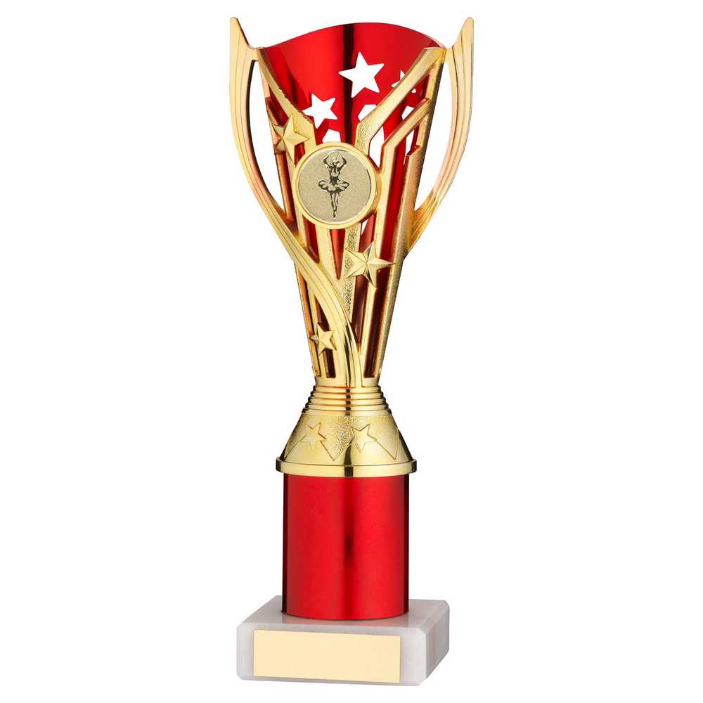 GOLD/RED PLASTIC 'FLASH' CUP ASSEMBLED ON MARBLE (1in CEN) - 9in - Optimum Teamwear