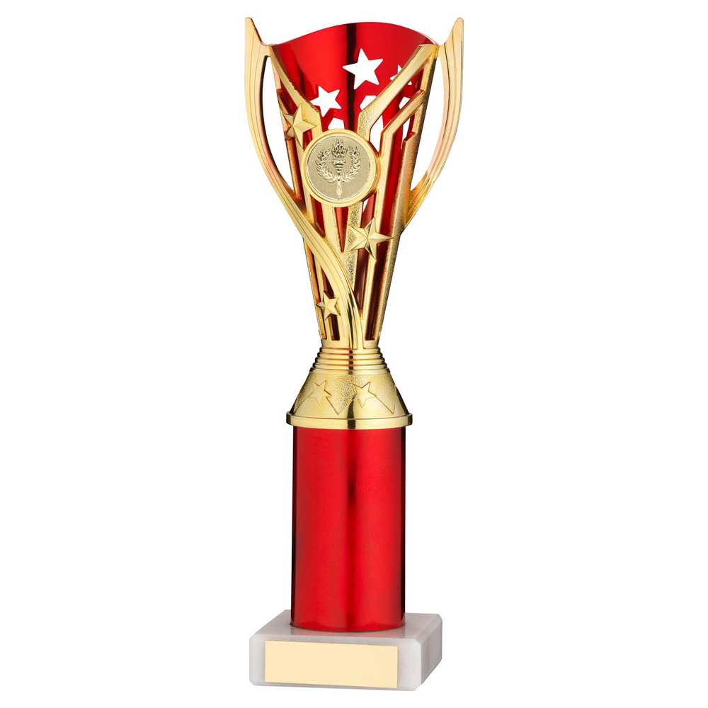 GOLD/RED PLASTIC 'FLASH' CUP ASSEMBLED ON MARBLE (1in CEN) - 10in - Optimum Teamwear