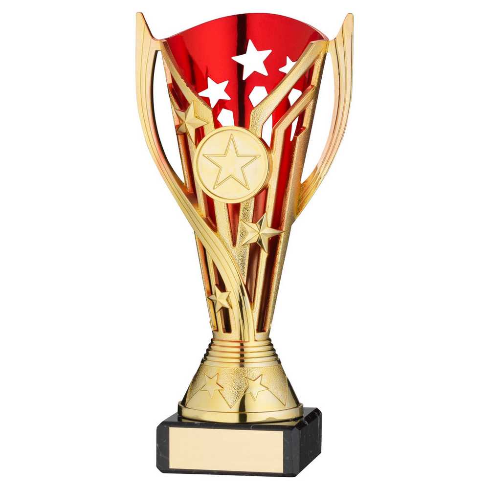 GOLD/RED PLASTIC 'FLASH' CUP ON BLACK MARBLE ASSEMBLED TROPHY (1" CEN) - 6.75in - Optimum Teamwear