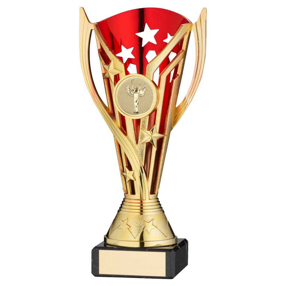 GOLD/RED PLASTIC 'FLASH' CUP ON BLACK MARBLE ASSEMBLED TROPHY (1" CEN) - 6.75in - Optimum Teamwear