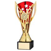 GOLD/RED PLASTIC 'FLASH' CUP ON BLACK MARBLE ASSEMBLED TROPHY (1" CEN) - 7.25in - Optimum Teamwear