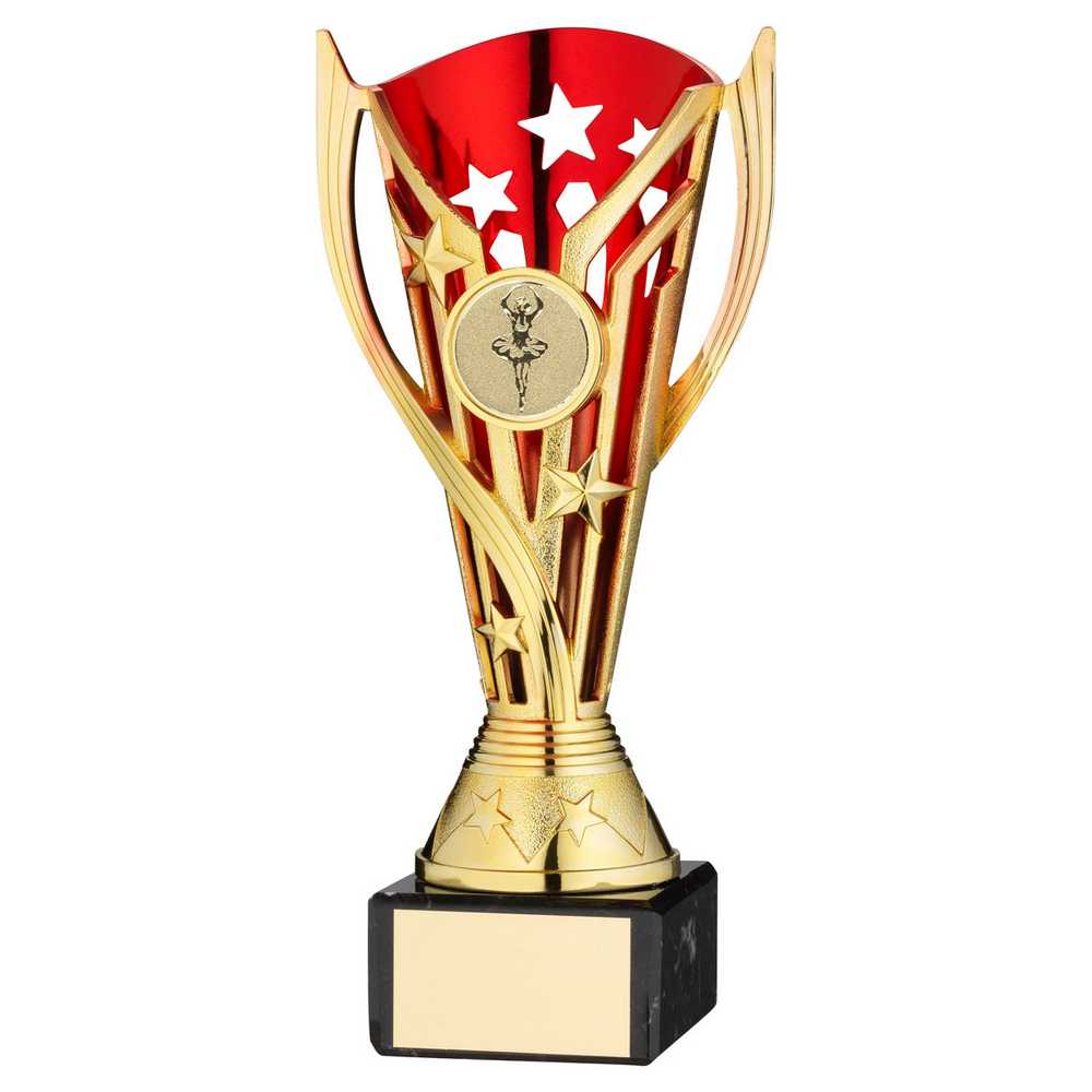 GOLD/RED PLASTIC 'FLASH' CUP ON BLACK MARBLE ASSEMBLED TROPHY (1" CEN) - 7.25in - Optimum Teamwear