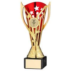 GOLD/RED PLASTIC 'FLASH' CUP ON BLACK MARBLE ASSEMBLED TROPHY (1" CEN) - 7.25in