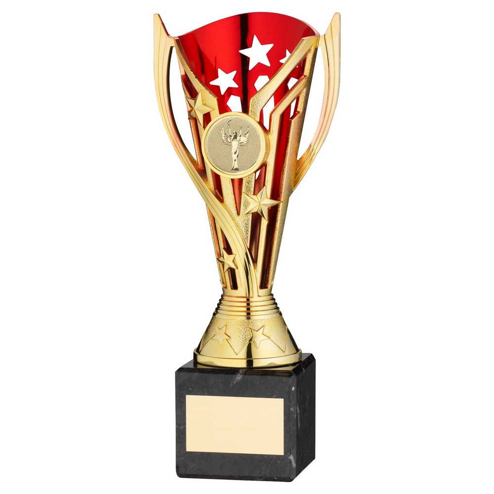 GOLD/RED PLASTIC 'FLASH' CUP ON BLACK MARBLE ASSEMBLED TROPHY (1" CEN) - 8in - Optimum Teamwear
