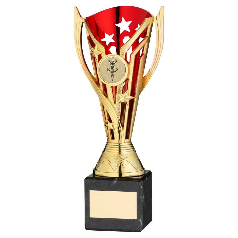 GOLD/RED PLASTIC 'FLASH' CUP ON BLACK MARBLE ASSEMBLED TROPHY (1" CEN) - 8in - Optimum Teamwear