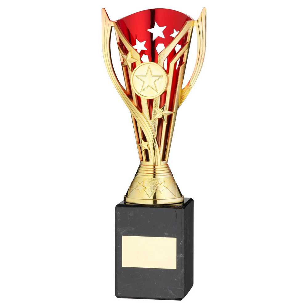 GOLD/RED PLASTIC 'FLASH' CUP ON BLACK MARBLE ASSEMBLED TROPHY (1" CEN) - 9in - Optimum Teamwear