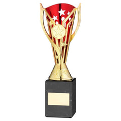 GOLD/RED PLASTIC 'FLASH' CUP ON BLACK MARBLE ASSEMBLED TROPHY (1" CEN) - 9in - Optimum Teamwear