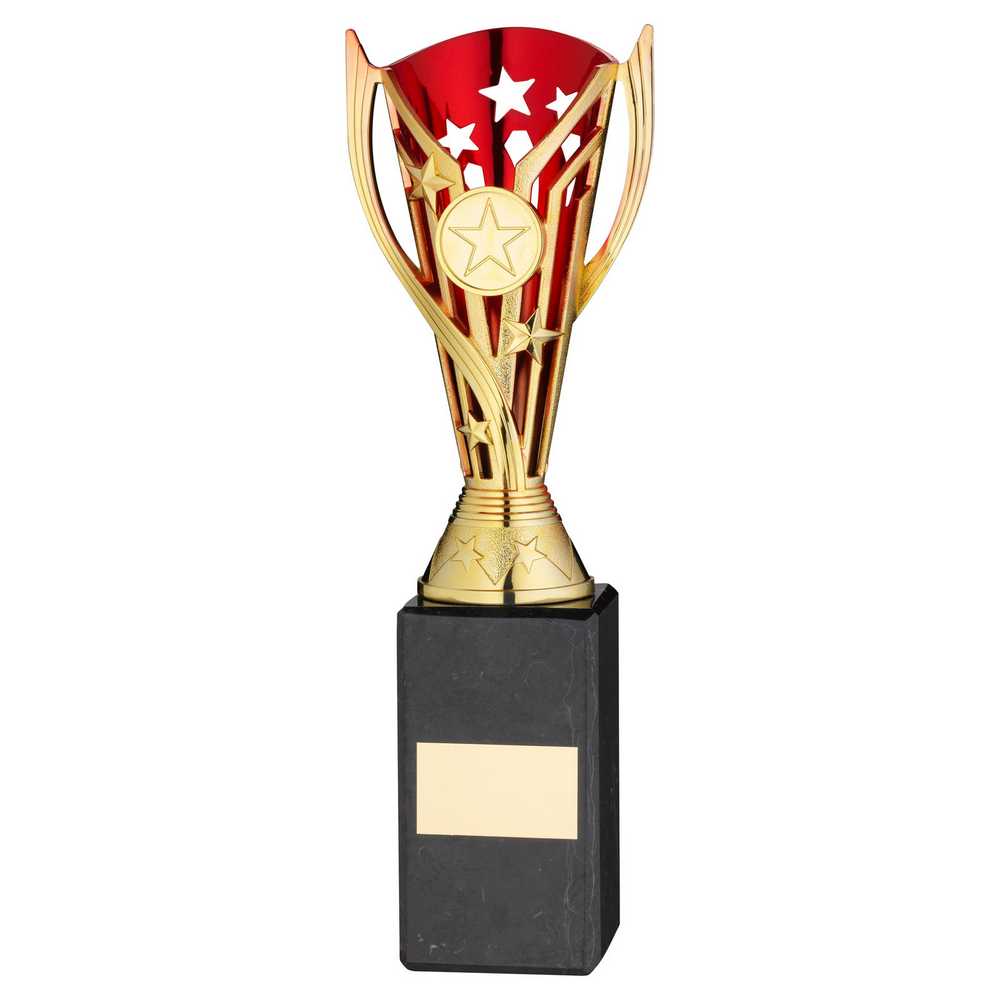 GOLD/RED PLASTIC 'FLASH' CUP ON BLACK MARBLE ASSEMBLED TROPHY (1" CEN) - 10in - Optimum Teamwear