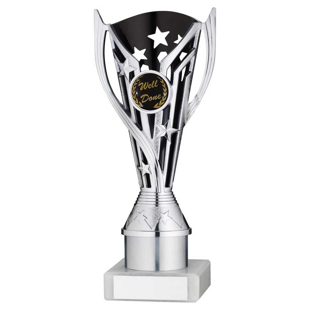 SILVER/BLACK PLASTIC 'FLASH' CUP ASSEMBLED ON MARBLE (1in CEN) - 8in - Optimum Teamwear
