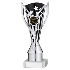 SILVER/BLACK PLASTIC 'FLASH' CUP ASSEMBLED ON MARBLE (1in CEN) - 8in
