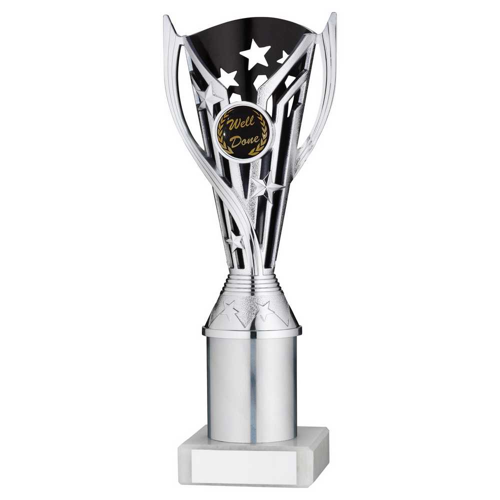SILVER/BLACK PLASTIC 'FLASH' CUP ASSEMBLED ON MARBLE (1in CEN) - 9in - Optimum Teamwear