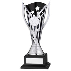SILVER/BLACK PLASTIC 'FLASH' CUP ON BASE ASSEMBLED TROPHY (1" CEN) - 7.5in