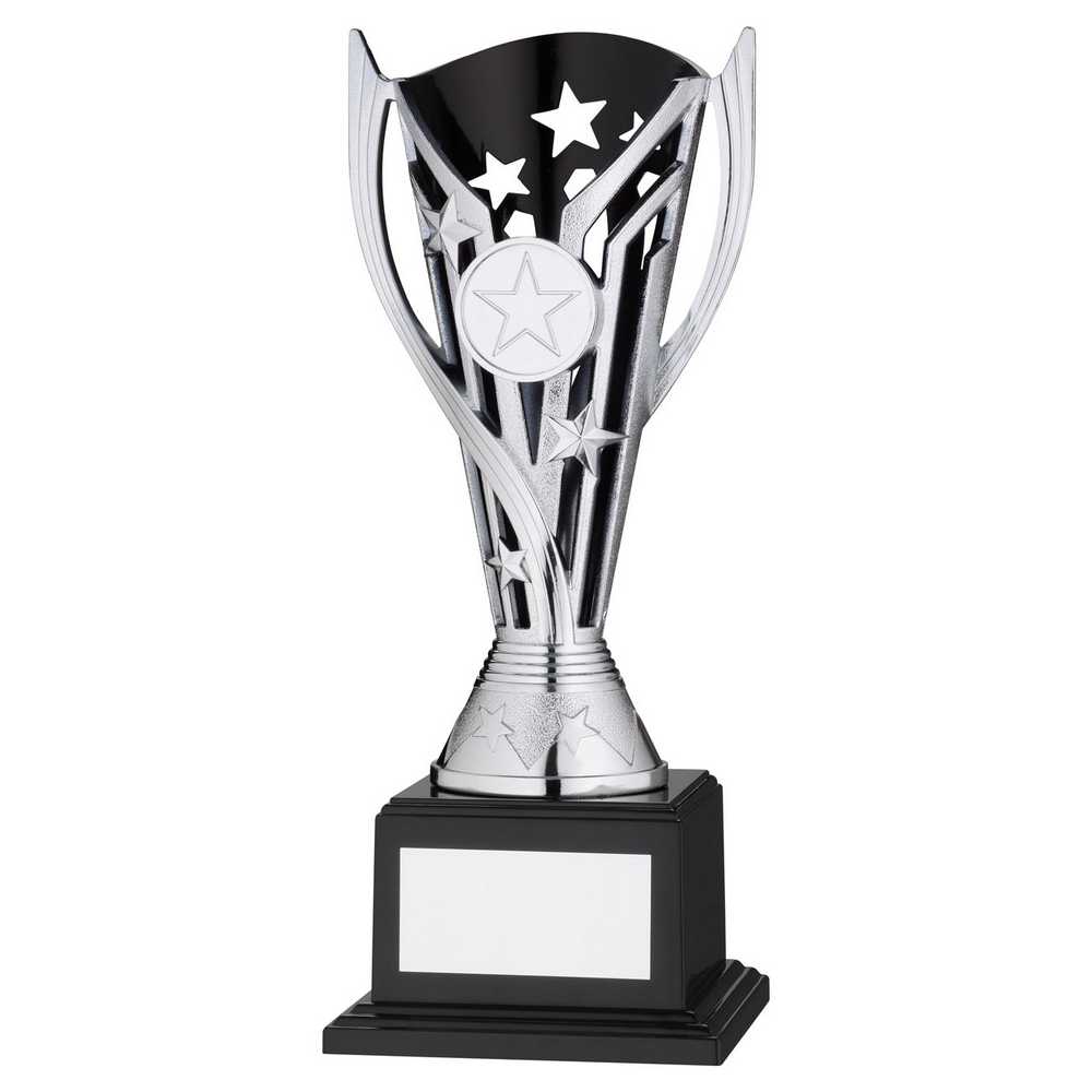 SILVER/BLACK PLASTIC 'FLASH' CUP ON BASE ASSEMBLED TROPHY (1" CEN) - 8in - Optimum Teamwear