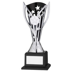 SILVER/BLACK PLASTIC 'FLASH' CUP ON BASE ASSEMBLED TROPHY (1" CEN) - 8in