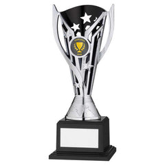 SILVER/BLACK PLASTIC 'FLASH' CUP ON BASE ASSEMBLED TROPHY (1" CEN) - 8in