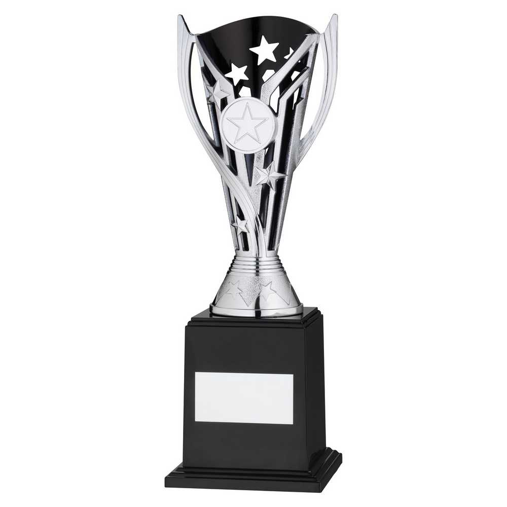 SILVER/BLACK PLASTIC 'FLASH' CUP ON BASE ASSEMBLED TROPHY (1" CEN) - 9.5in - Optimum Teamwear