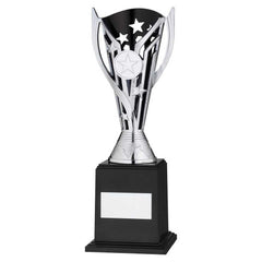 SILVER/BLACK PLASTIC 'FLASH' CUP ON BASE ASSEMBLED TROPHY (1" CEN) - 9.5in