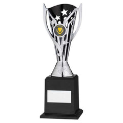 SILVER/BLACK PLASTIC 'FLASH' CUP ON BASE ASSEMBLED TROPHY (1" CEN) - 9.5in