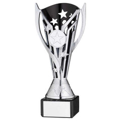 SILVER/BLK PLASTIC 'FLASH' CUP ON BLK MARBLE ASSEMBLED TROPHY (1" CEN) - 7.25in