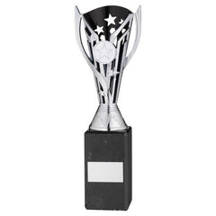 SILVER/BLK PLASTIC 'FLASH' CUP ON BLK MARBLE ASSEMBLED TROPHY (1" CEN) - 10in - Optimum Teamwear